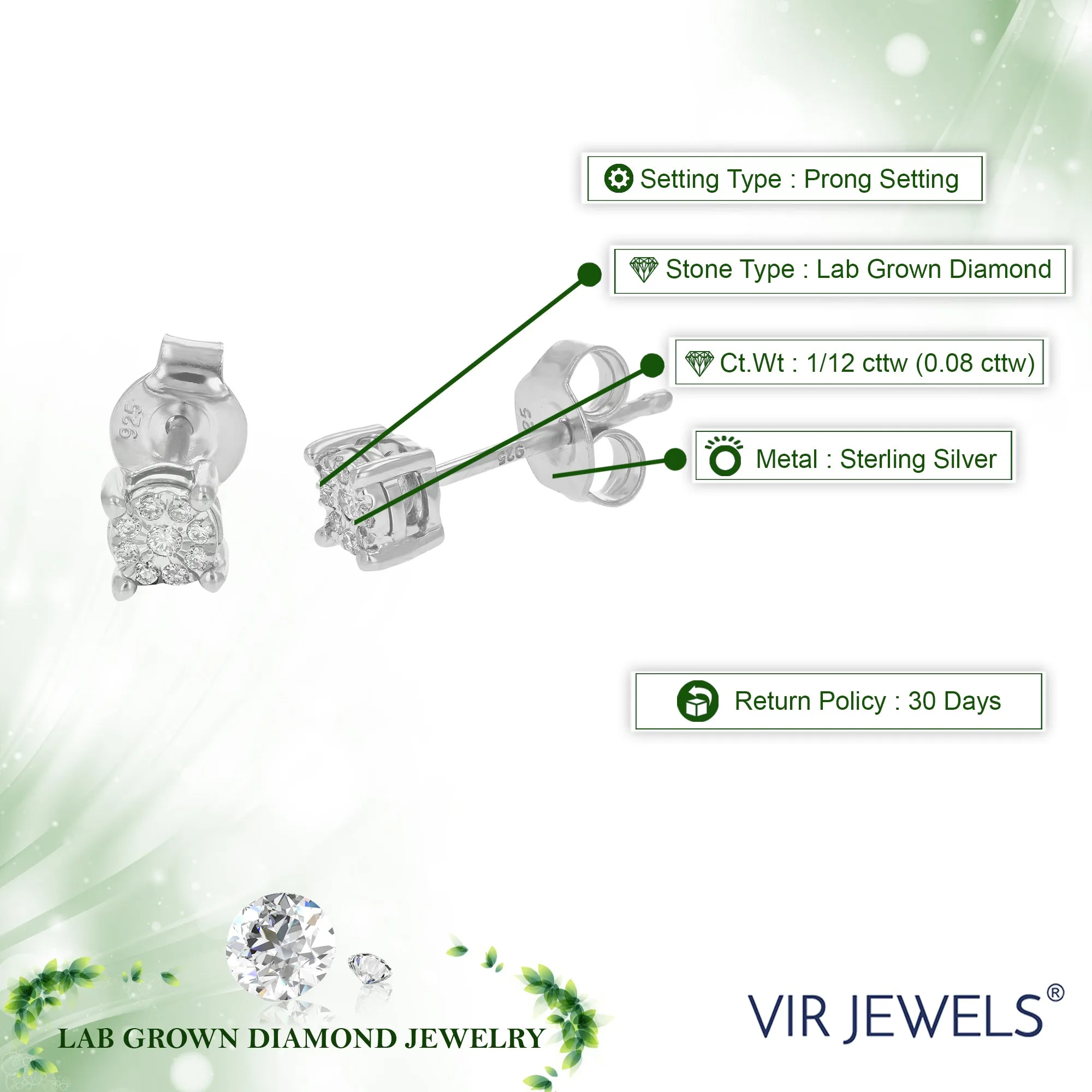 1/12 cttw Composite Diamond Stud Earrings in .925 Sterling Silver