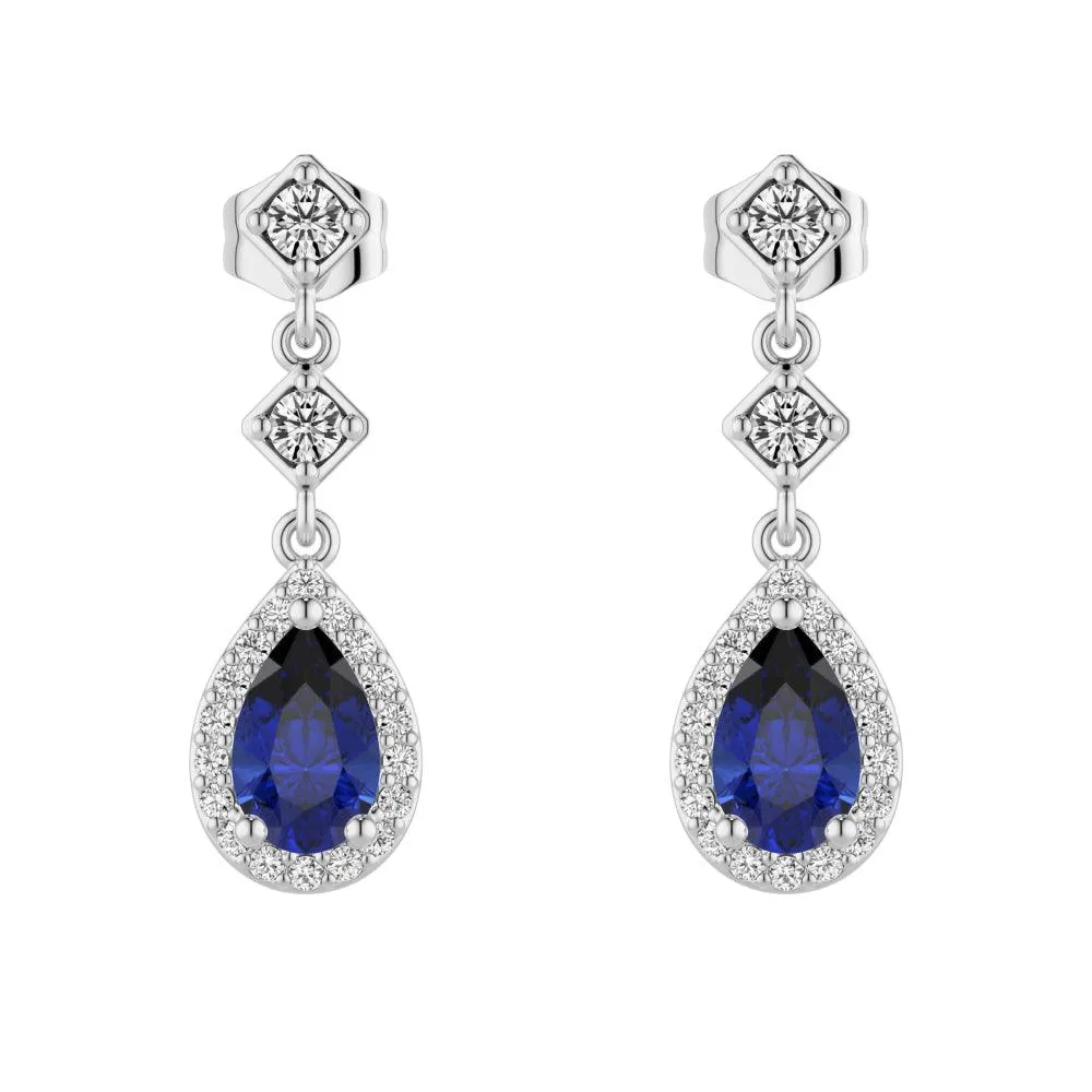 1.24 CT. Pear Blue Sapphire Drop Earrings with Pavé Halo