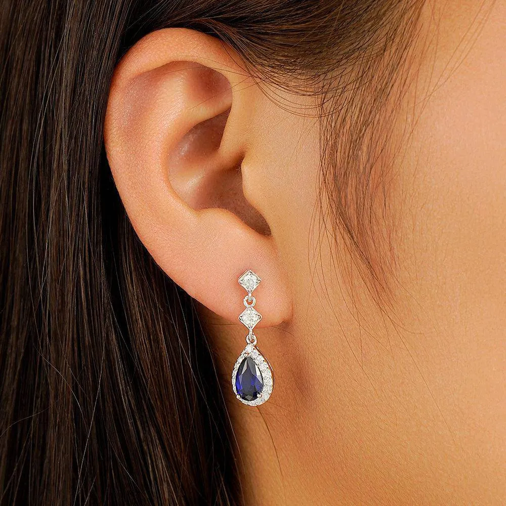1.24 CT. Pear Blue Sapphire Drop Earrings with Pavé Halo
