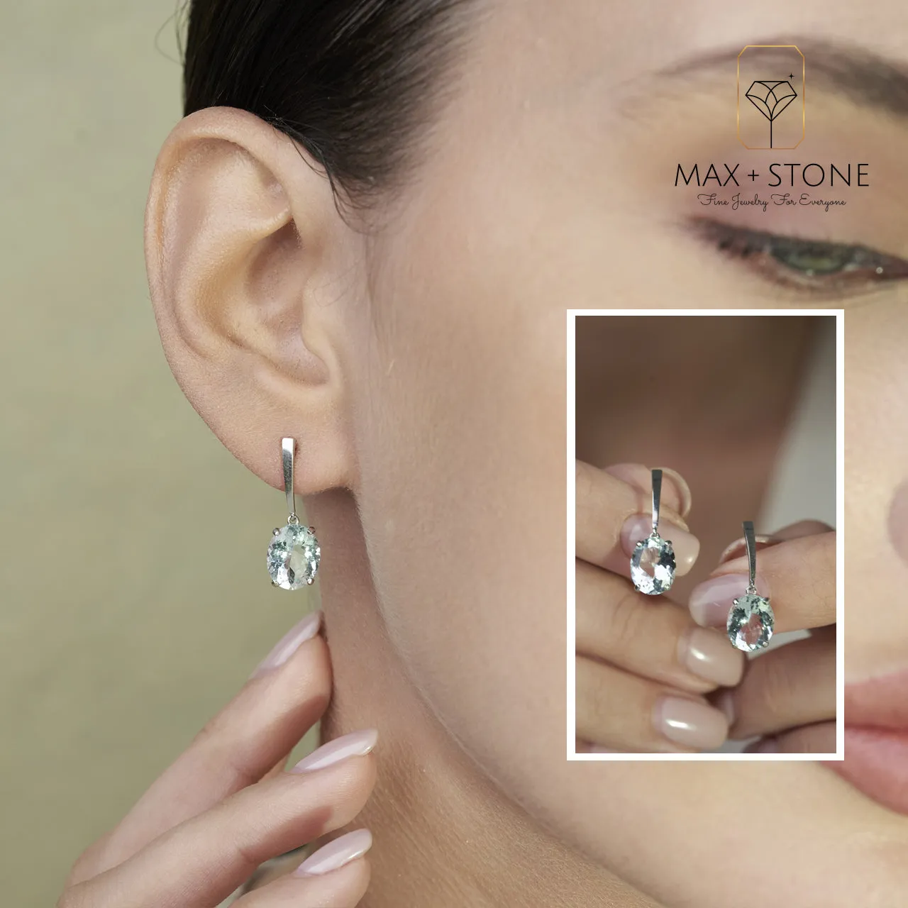 14k White Gold Solitaire Oval-Cut Gemstone Drop Earrings (10x8mm)