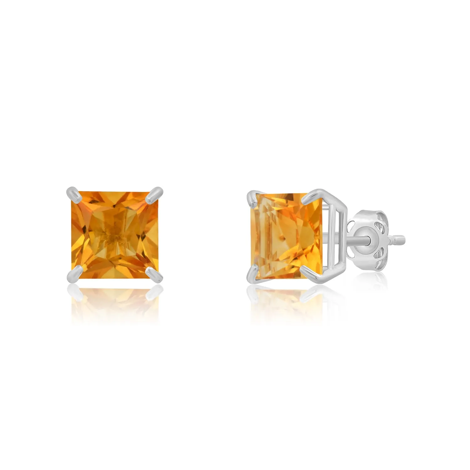 14k White Gold Solitaire Princess-Cut Gemstone Stud Earrings (7mm)