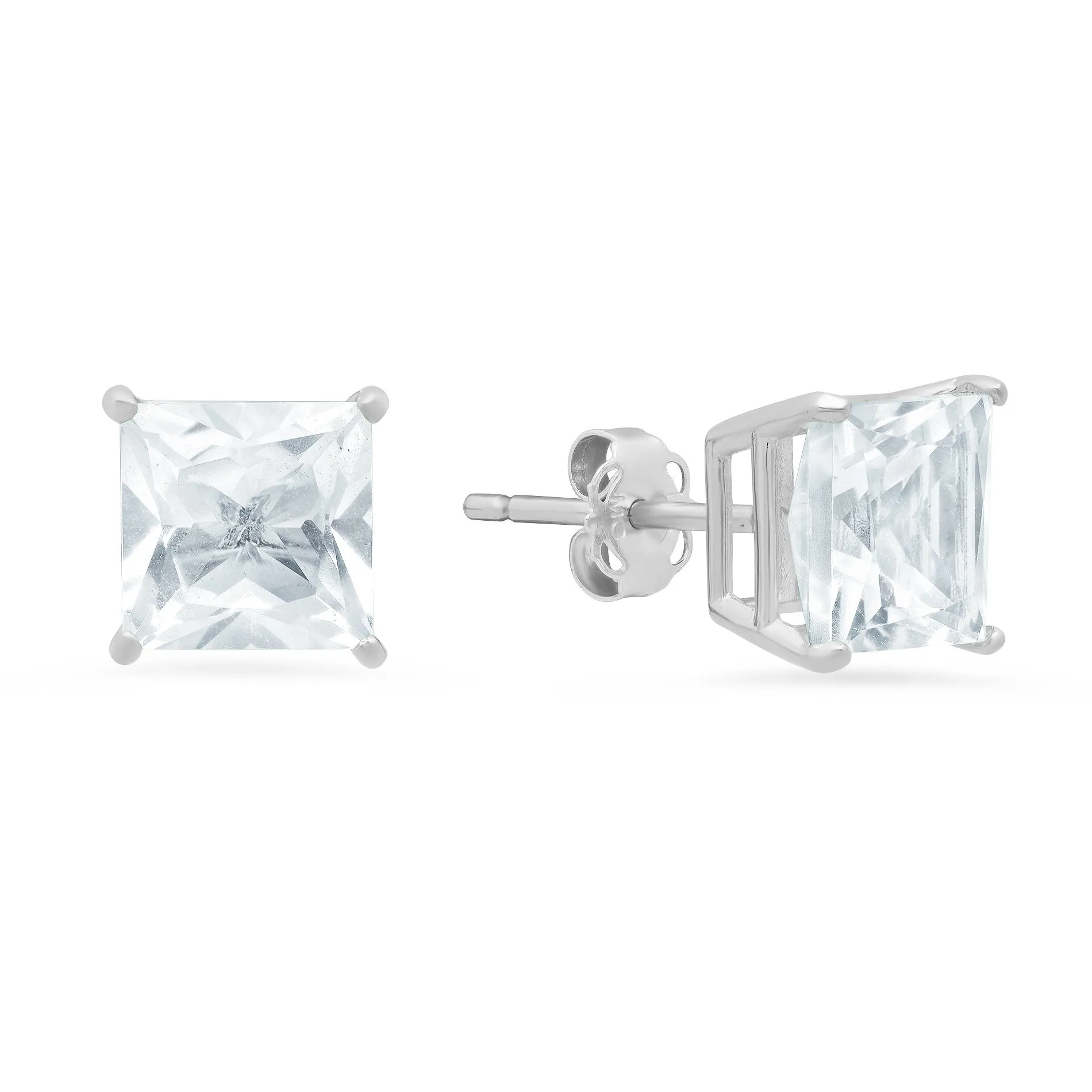 14k White Gold Solitaire Princess-Cut Gemstone Stud Earrings (7mm)