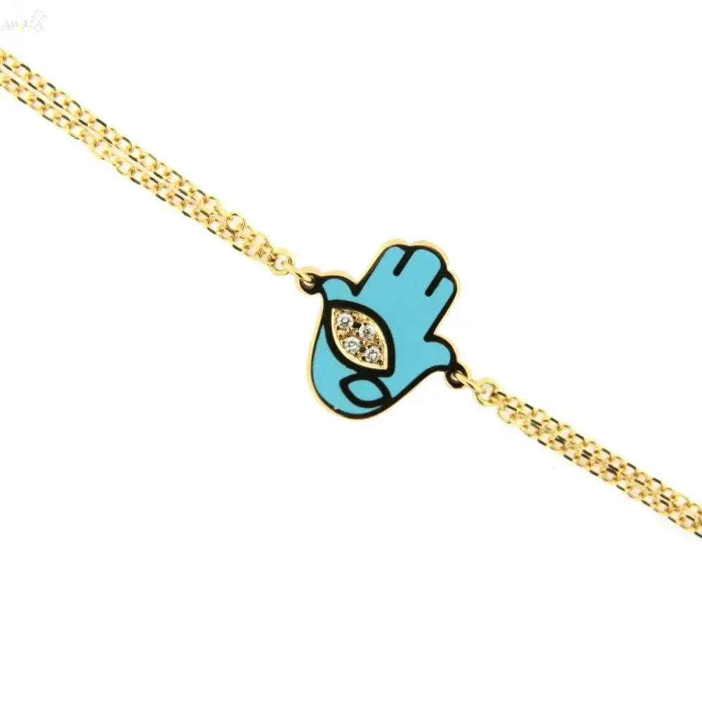 18K Gold Diamond and Turquoise Ceramic Hamsa Hand Bracelet 