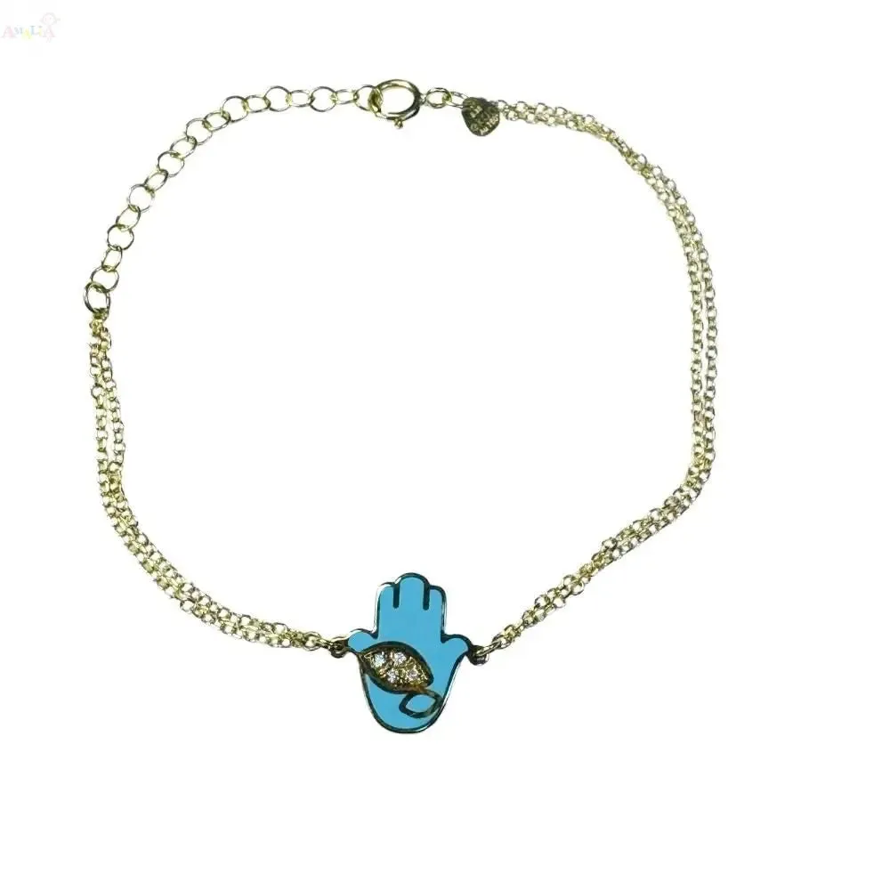 18K Gold Diamond and Turquoise Ceramic Hamsa Hand Bracelet 