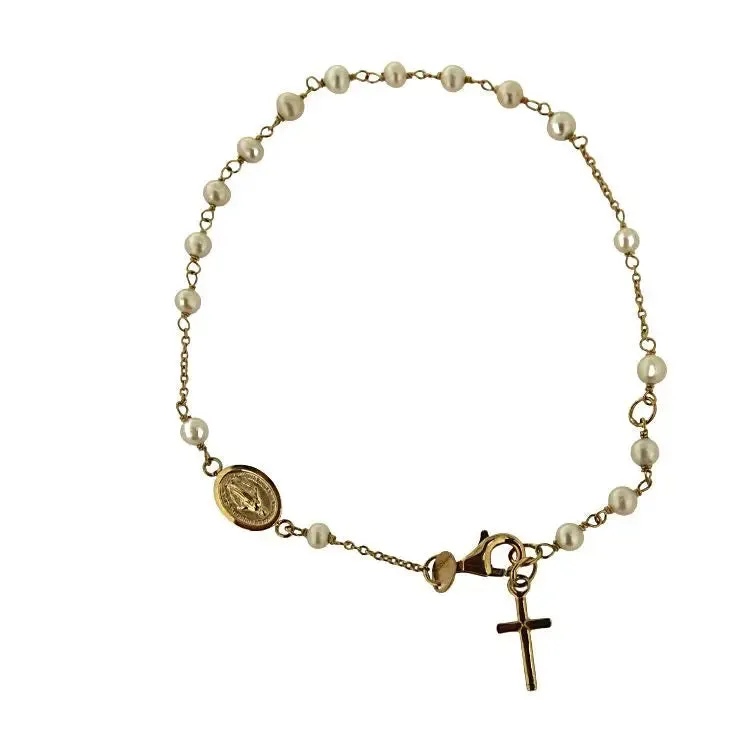 18K Solid Yellow Gold Cultivated Pearls Rosary Bracelet 