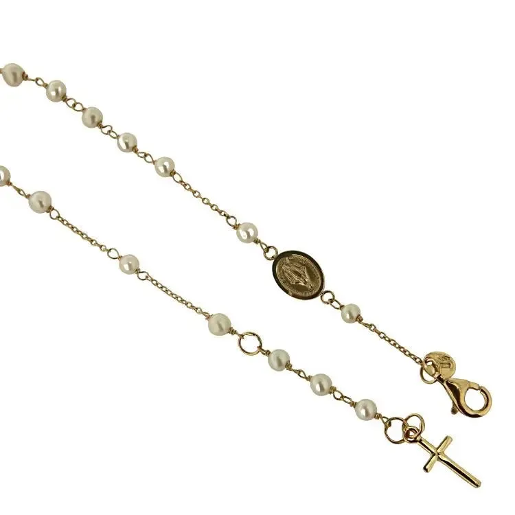 18K Solid Yellow Gold Cultivated Pearls Rosary Bracelet 