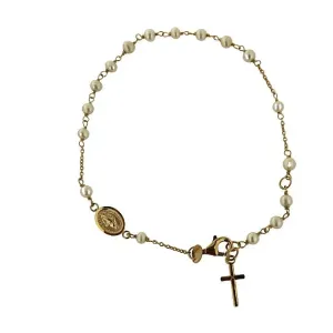 18K Solid Yellow Gold Cultivated Pearls Rosary Bracelet 