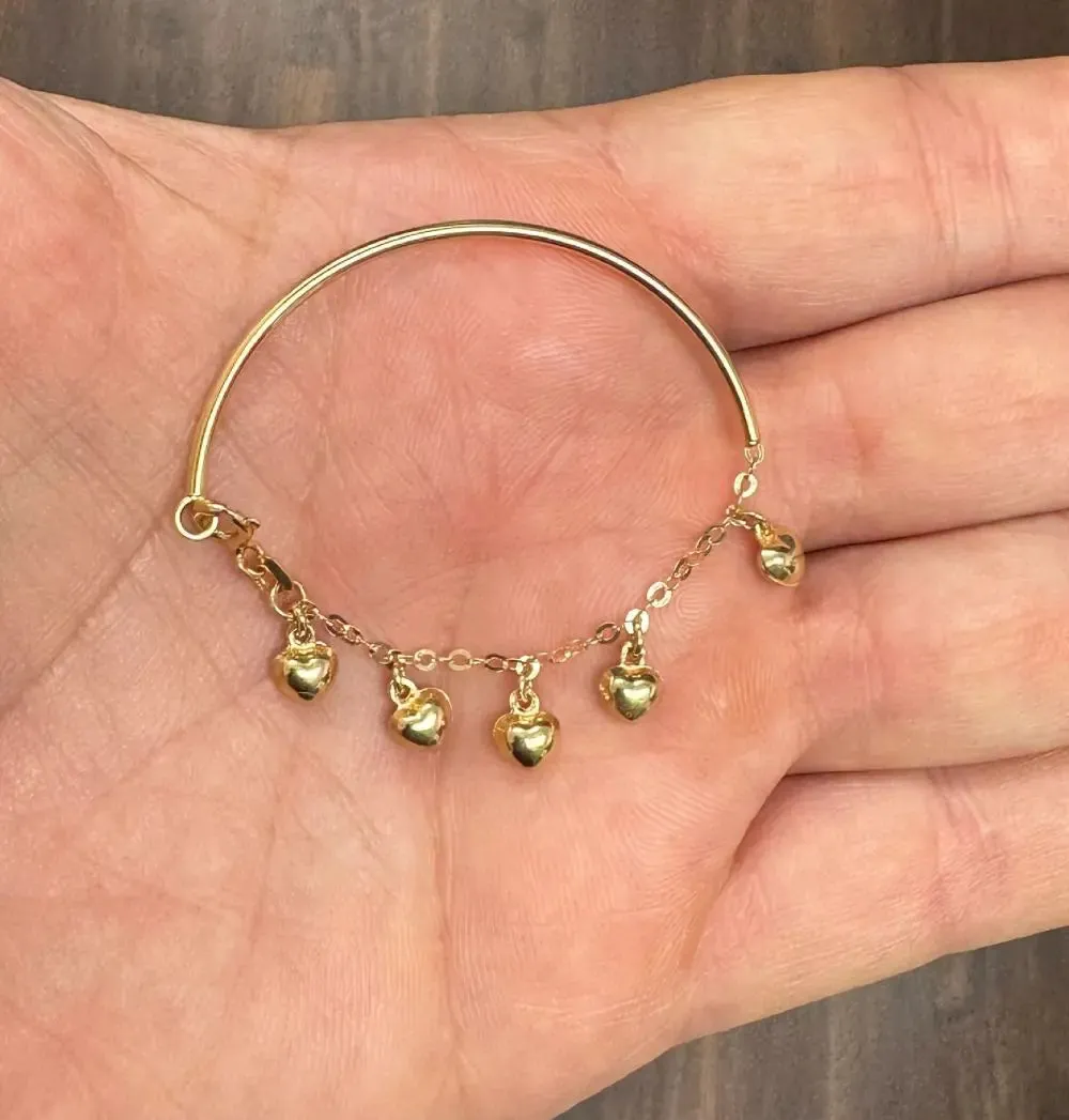 18K Solid Yellow Gold Heart Charm Baby Bangle Bracelet
