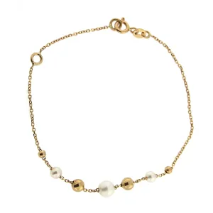 18K Solid Yellow Gold Pearls and Polished Balls Bracelet