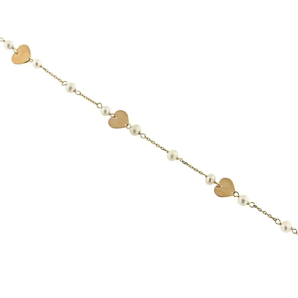 18K Solid Yellow Gold Pearls and Polished Hearts Bracelet