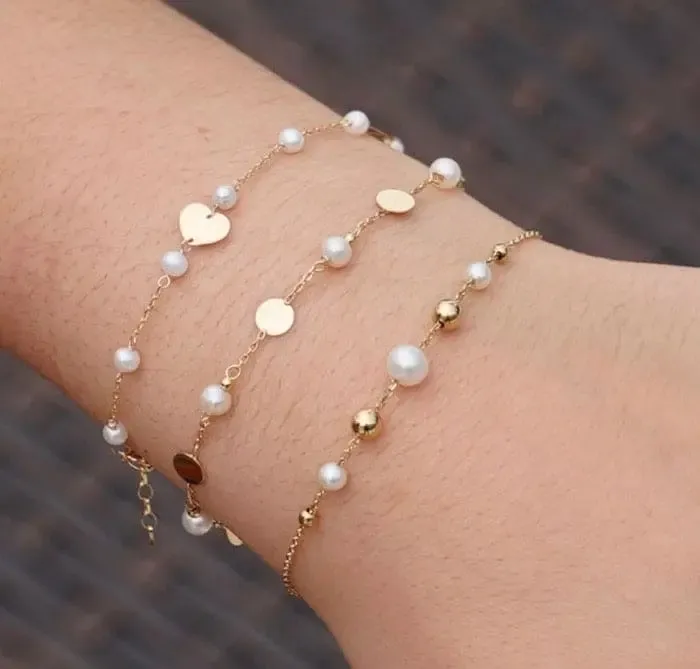 18K Solid Yellow Gold Pearls and Polished Hearts Bracelet