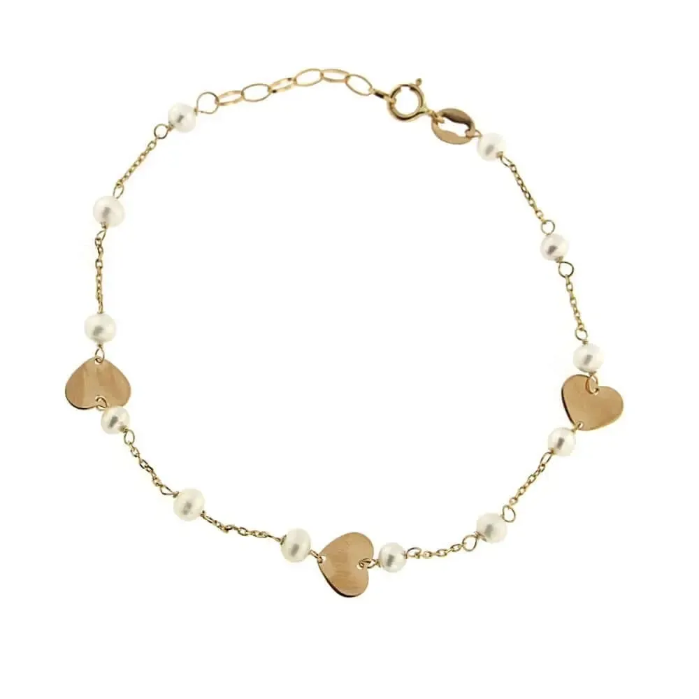 18K Solid Yellow Gold Pearls and Polished Hearts Bracelet