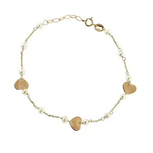 18K Solid Yellow Gold Pearls and Polished Hearts Bracelet