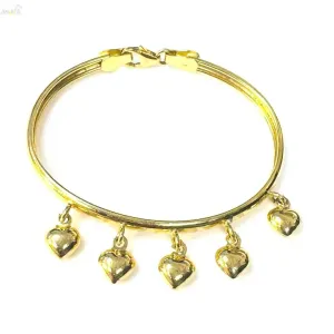 18K Yellow Gold Hard Bangle Bracelet with Dangling Hearts