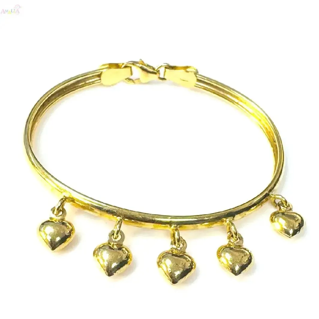 18K Yellow Gold Hard Bangle Bracelet with Dangling Hearts