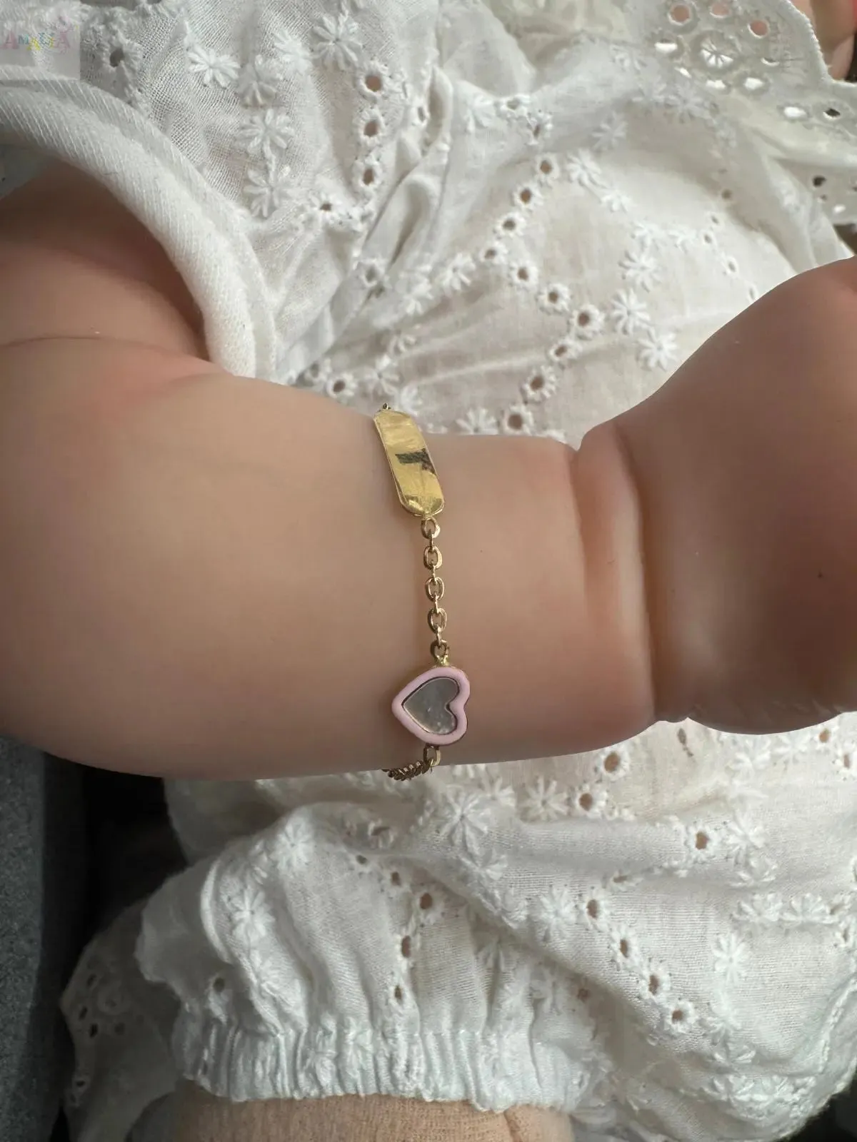 18K Yellow Gold Mother of Pearl Heart Pink ID Bracelet