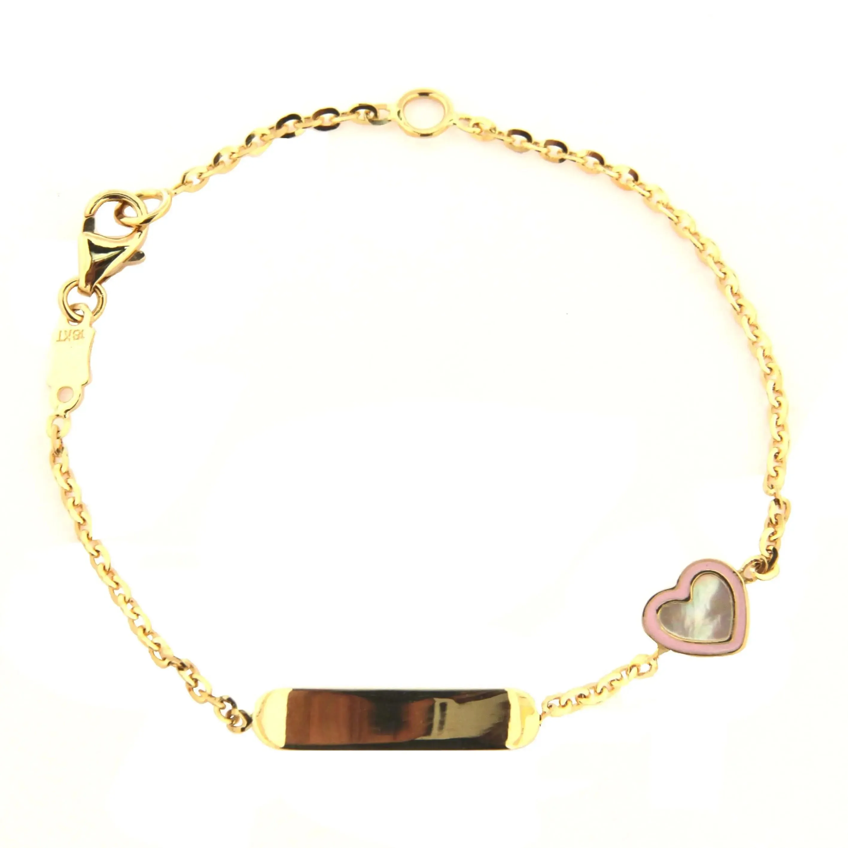 18K Yellow Gold Mother of Pearl Heart Pink ID Bracelet
