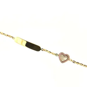 18K Yellow Gold Mother of Pearl Heart Pink ID Bracelet