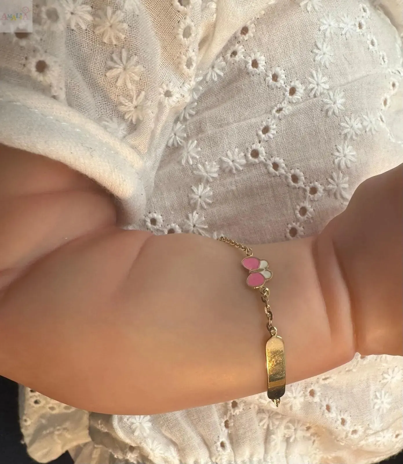 18K Yellow Gold Pink and White Enamel Butterfly ID Bracelet