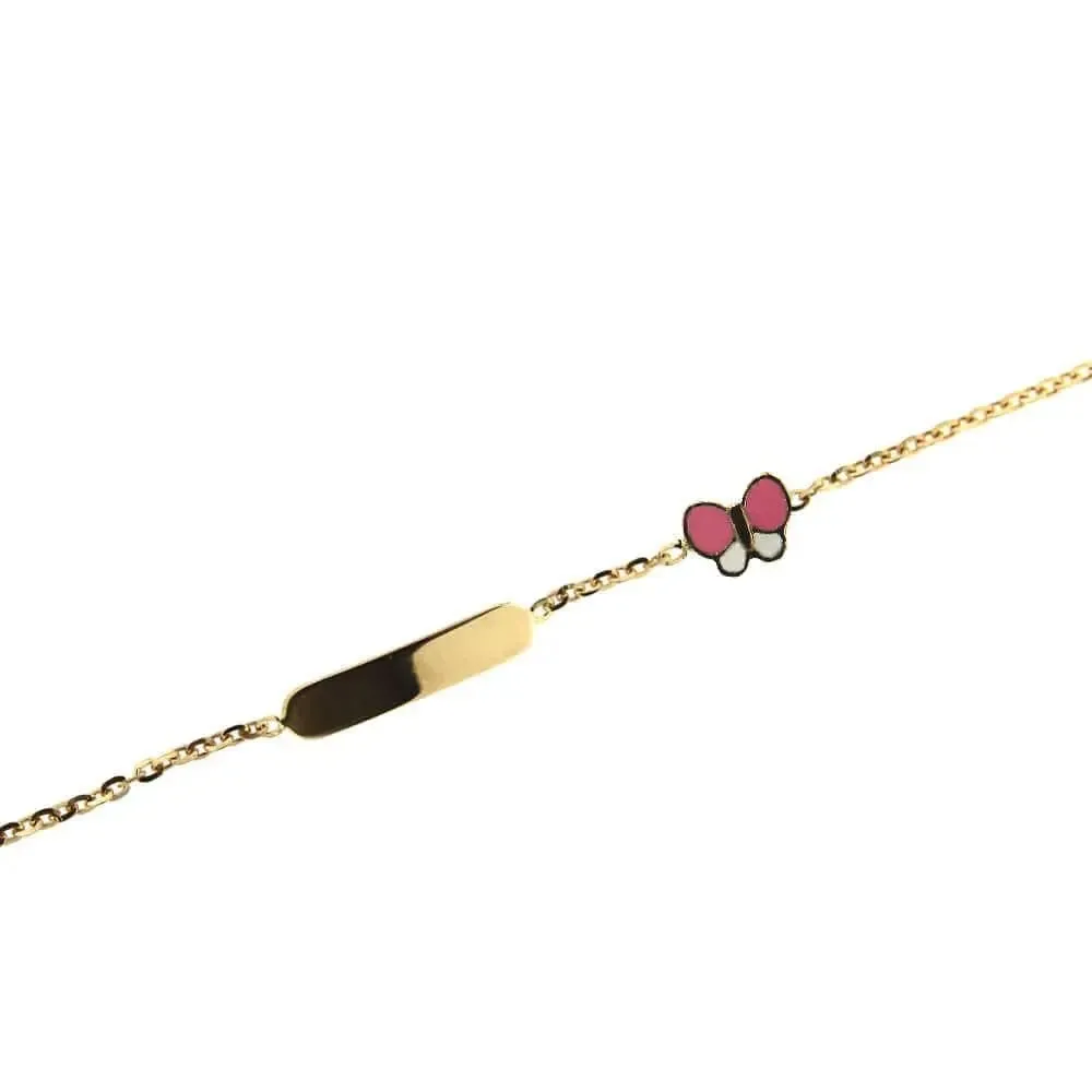18K Yellow Gold Pink and White Enamel Butterfly ID Bracelet