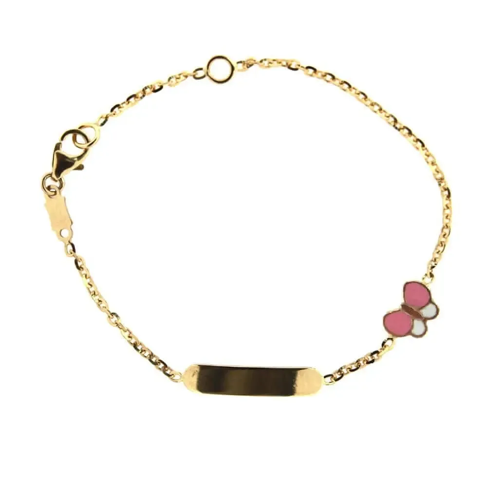18K Yellow Gold Pink and White Enamel Butterfly ID Bracelet