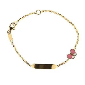 18K Yellow Gold Pink and White Enamel Butterfly ID Bracelet