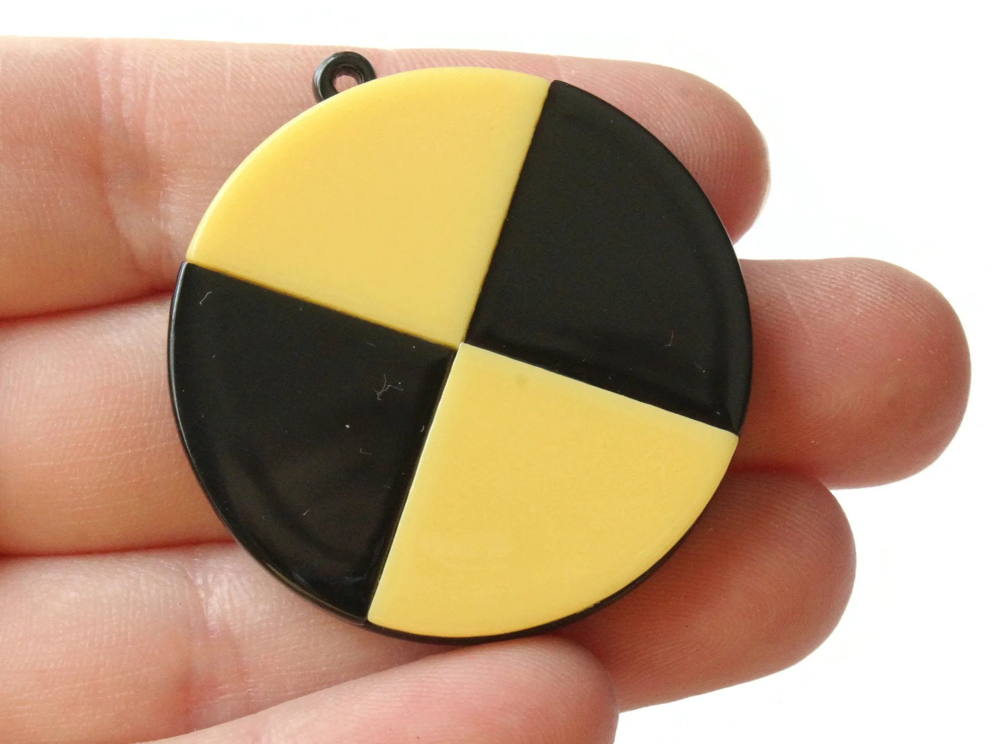 2 40mm Yellow and Black Flat Round Resin Pendants