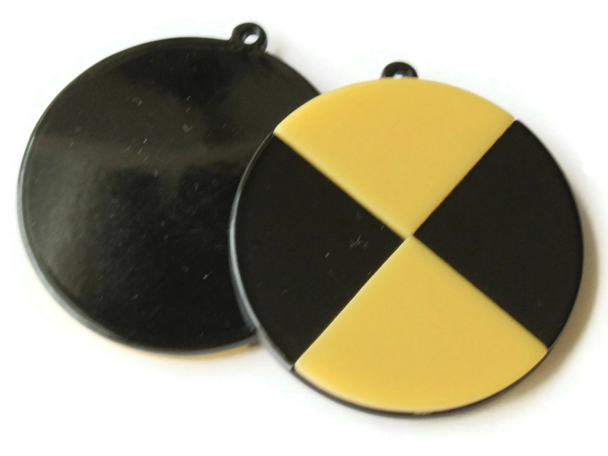 2 40mm Yellow and Black Flat Round Resin Pendants