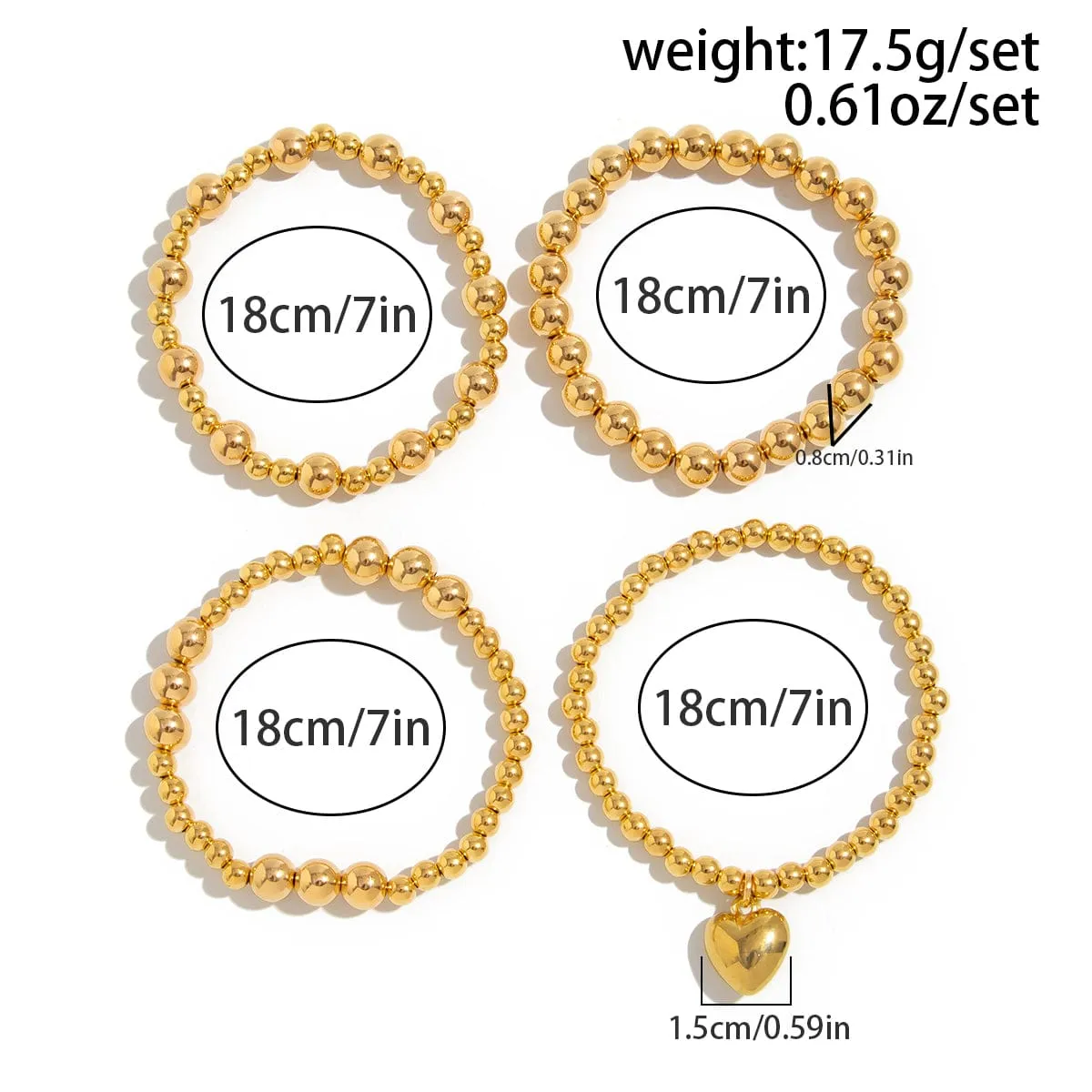 4 Pcs Gold Plated Heart Charm Ball Chain Bracelet Set