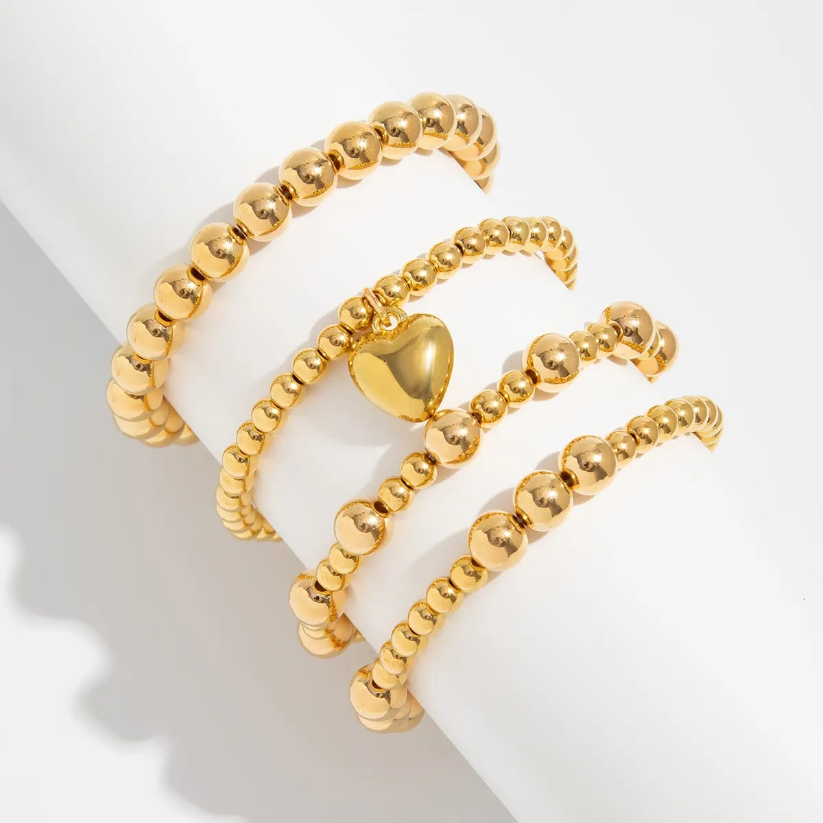 4 Pcs Gold Plated Heart Charm Ball Chain Bracelet Set