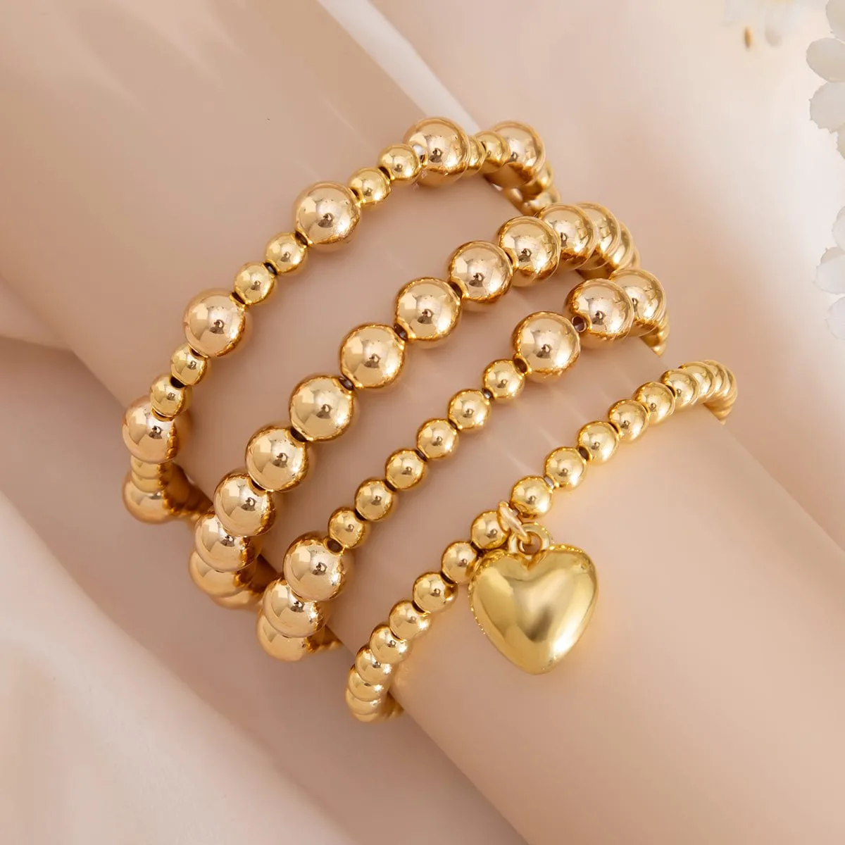 4 Pcs Gold Plated Heart Charm Ball Chain Bracelet Set