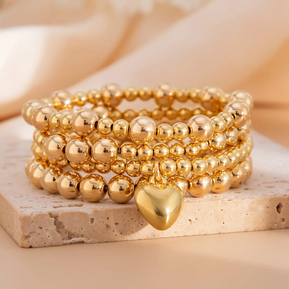4 Pcs Gold Plated Heart Charm Ball Chain Bracelet Set