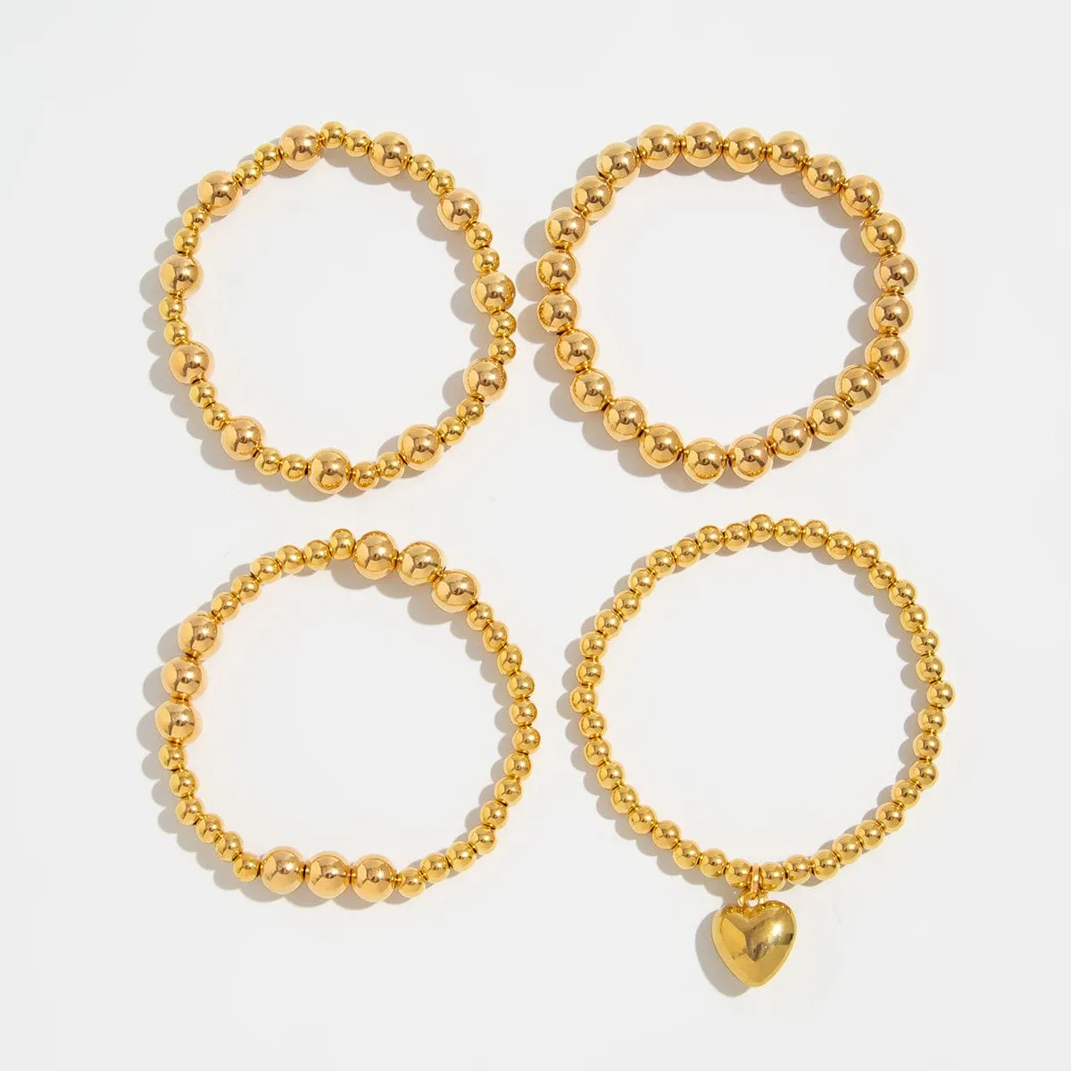 4 Pcs Gold Plated Heart Charm Ball Chain Bracelet Set