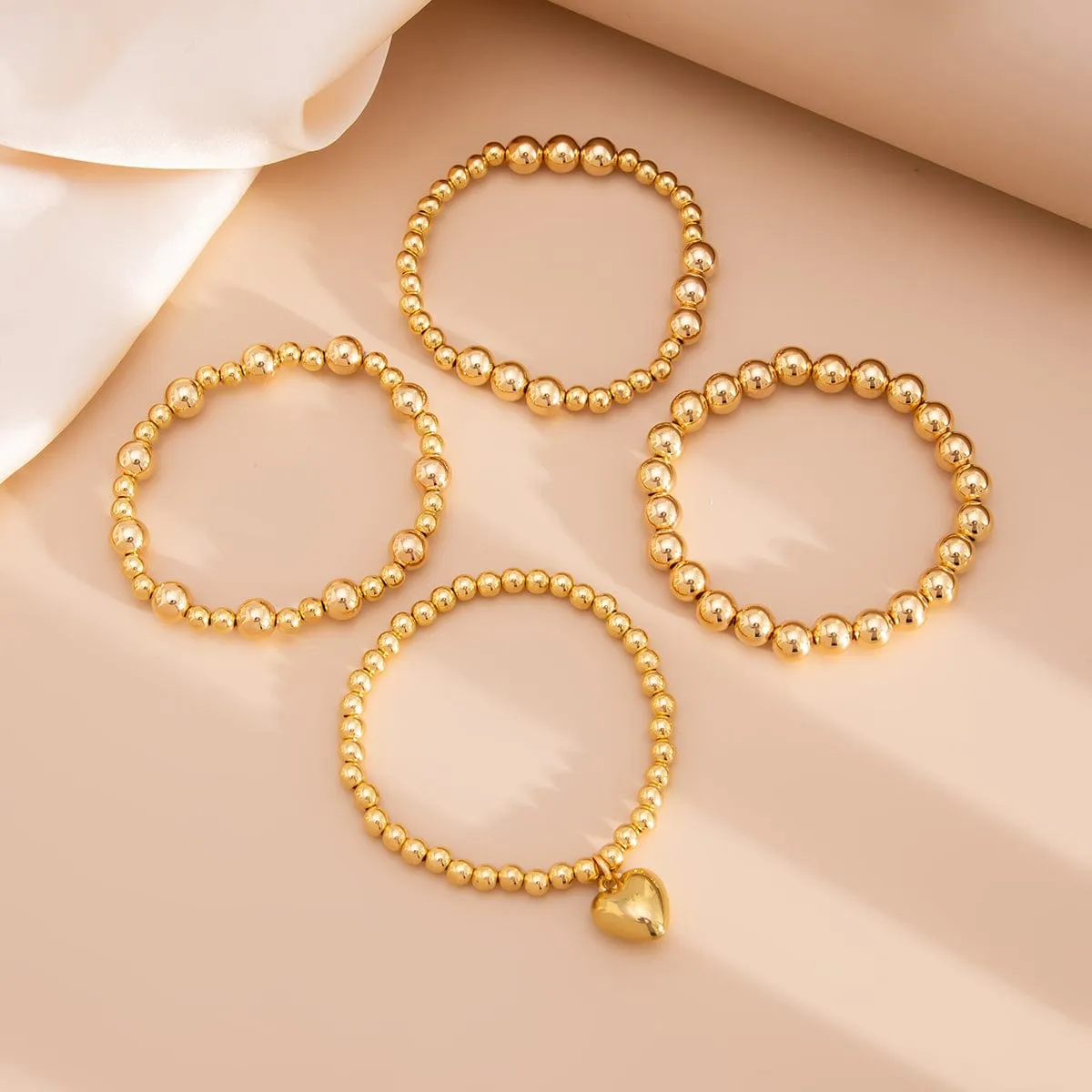 4 Pcs Gold Plated Heart Charm Ball Chain Bracelet Set