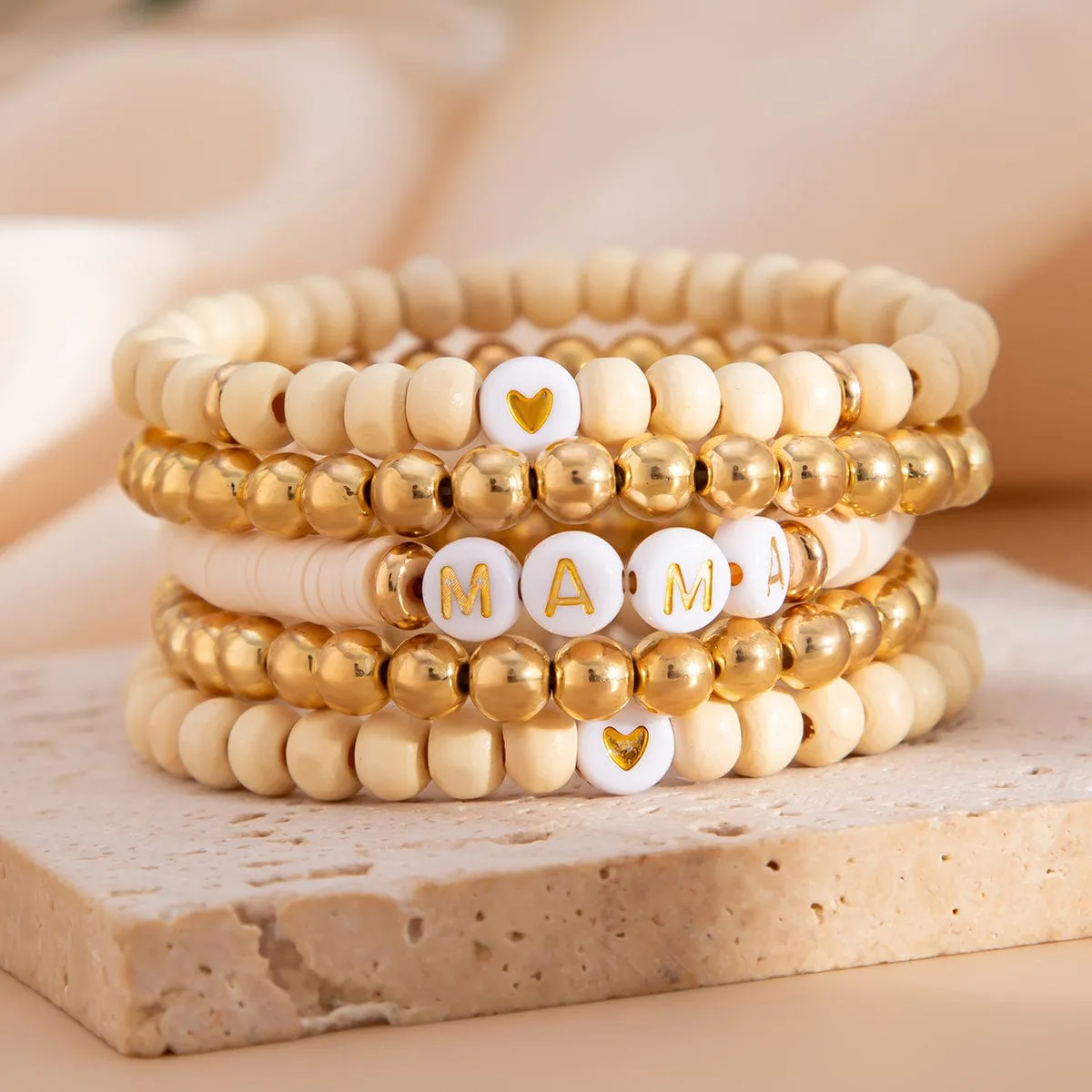 5 Pcs Heart Letter Polymer Clay Wood Beaded Mother's Day Bracelet Set