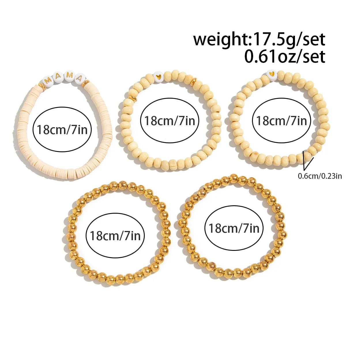 5 Pcs Heart Letter Polymer Clay Wood Beaded Mother's Day Bracelet Set