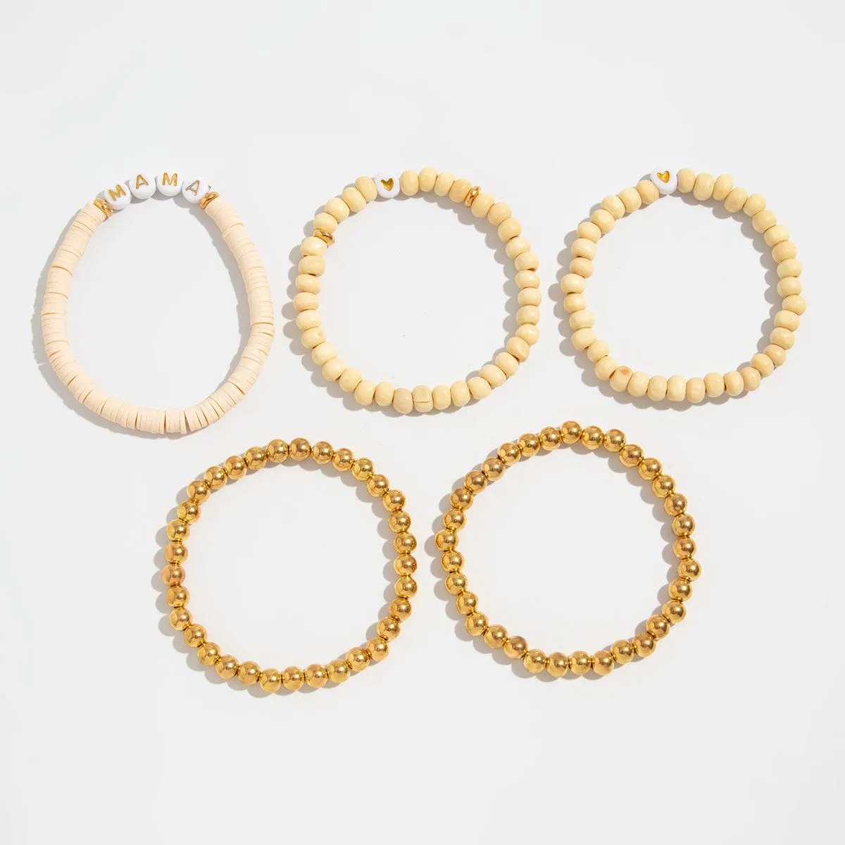 5 Pcs Heart Letter Polymer Clay Wood Beaded Mother's Day Bracelet Set
