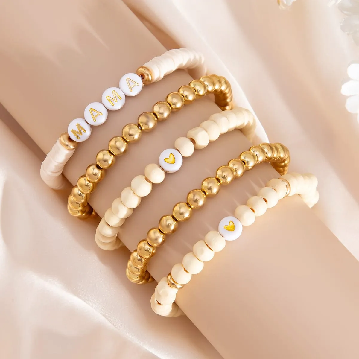 5 Pcs Heart Letter Polymer Clay Wood Beaded Mother's Day Bracelet Set