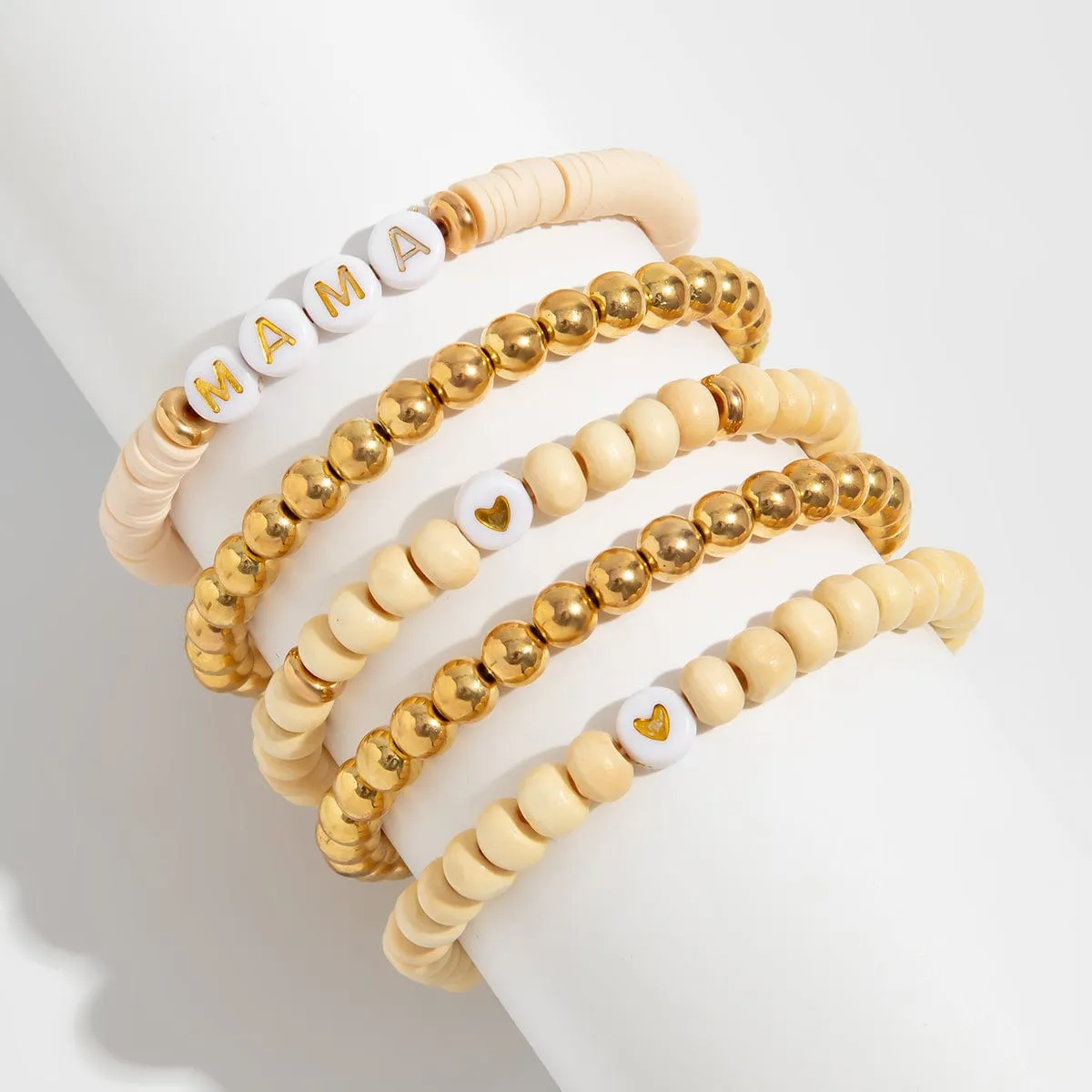 5 Pcs Heart Letter Polymer Clay Wood Beaded Mother's Day Bracelet Set