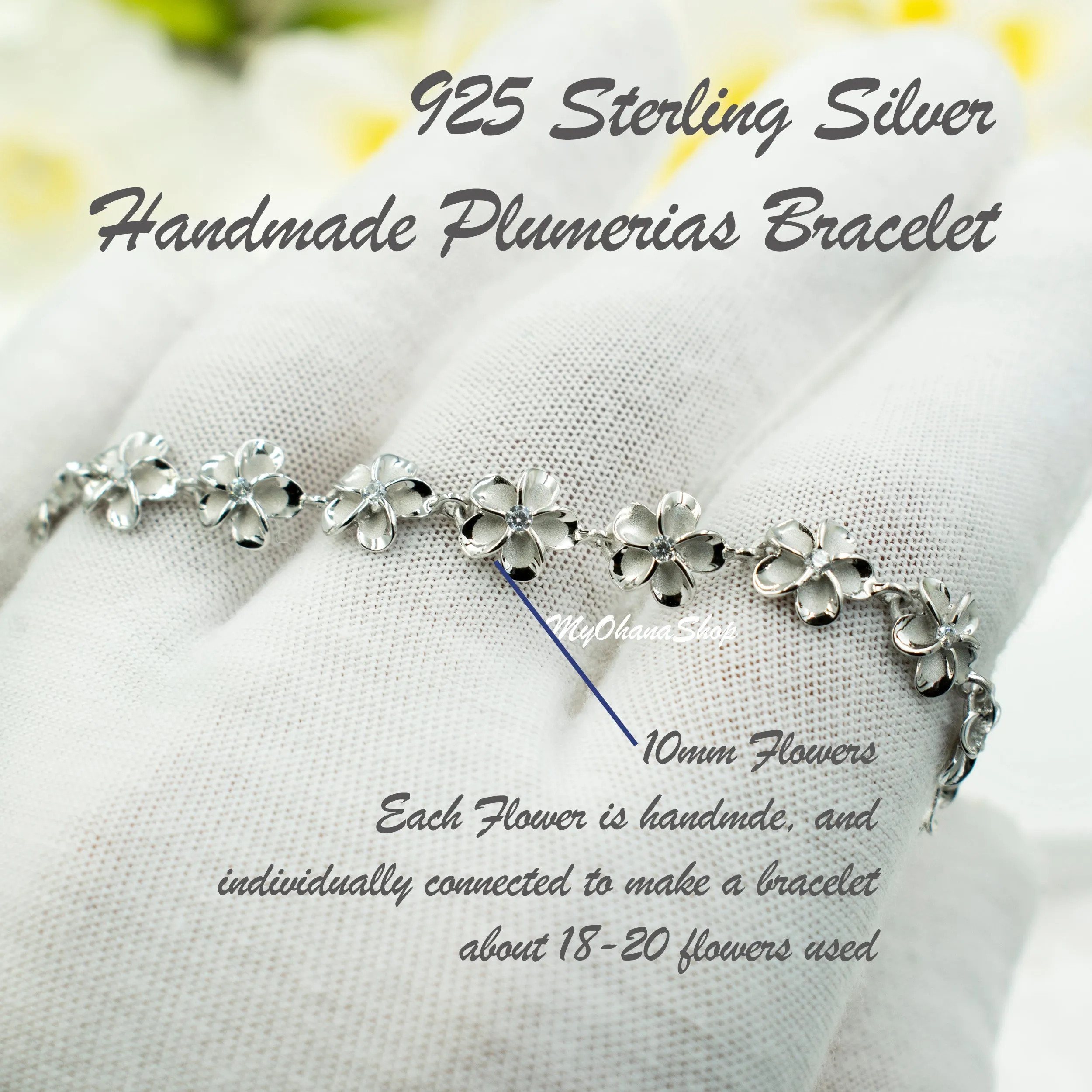 925 Sterling Silver Plumerias Bracelets For Girls, Women. Handmade, Flexible, Adjustable Tropical Flower Bracelet. Bridal Gift For Her.