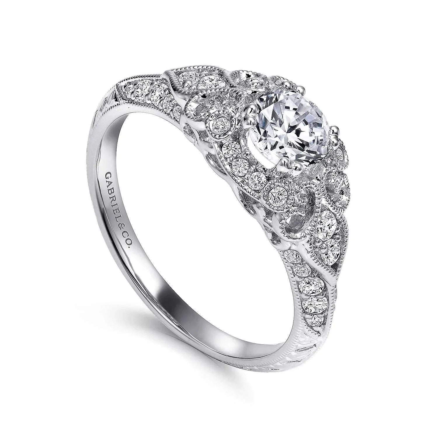 Abel - Unique 14K White Gold Vintage Inspired Diamond Halo Engagement Ring