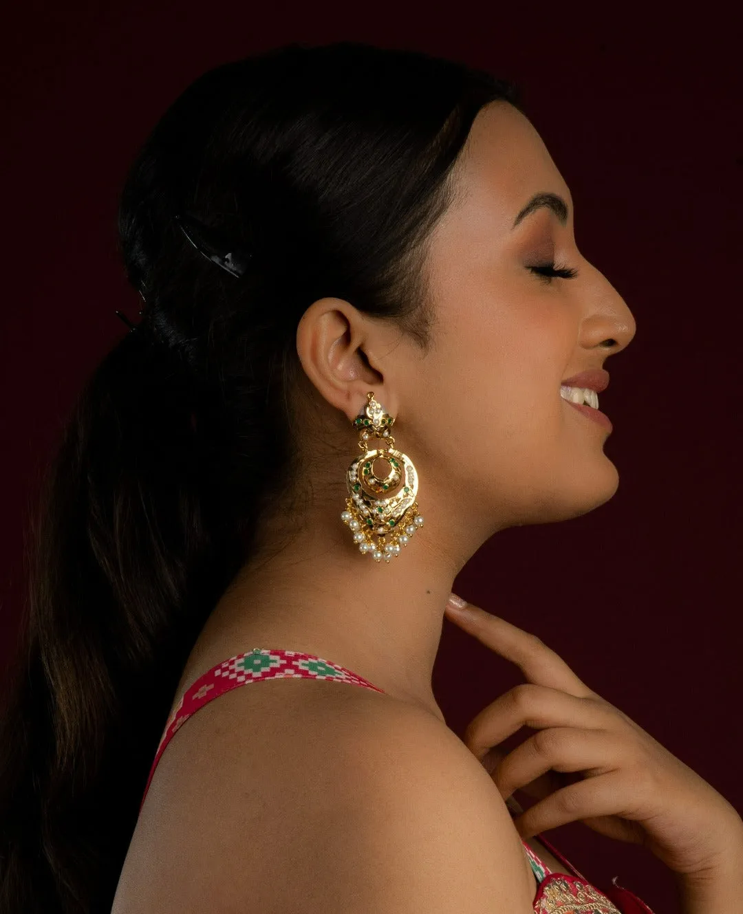 Adhira Jadau Chaandbali Earrings (Gold Plated with Emerald Green Stones and White Pearls)