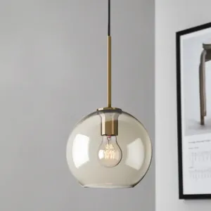 Amber Glass Pendant Light - Modern Brass Hanging Ceiling Fixture (8"/10"/12" Wide)