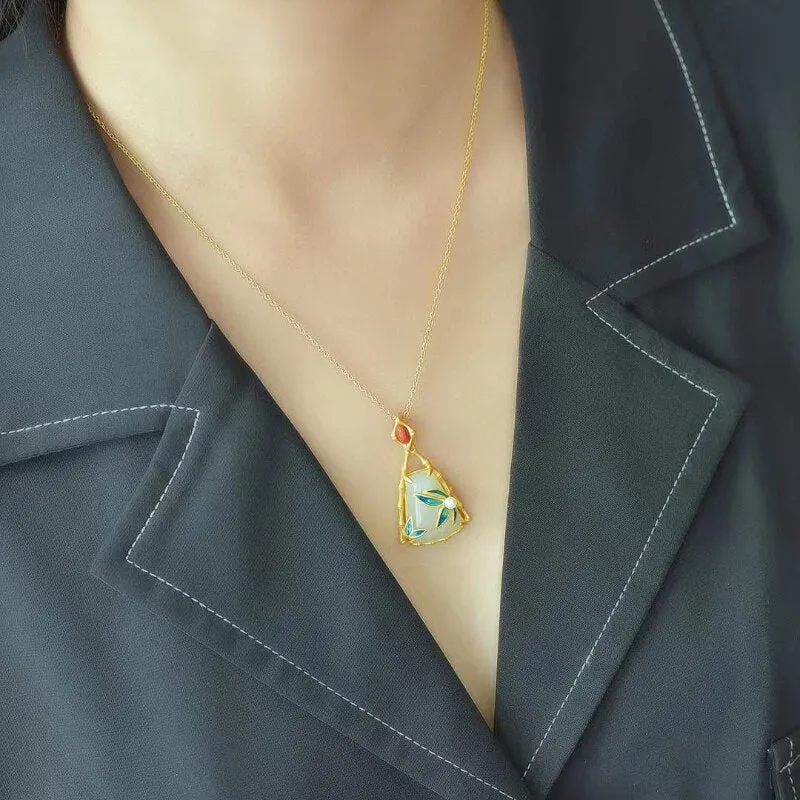 Ancient gold craft inlaid natural Hetian jade bamboo leaf pendant