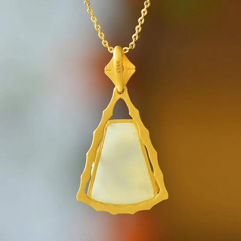 Ancient gold craft inlaid natural Hetian jade bamboo leaf pendant