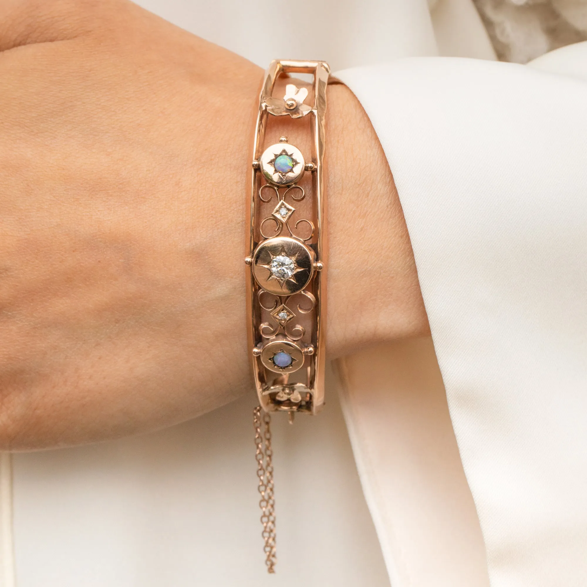 Antique 9ct Gold Opal Diamond Flower Bangle