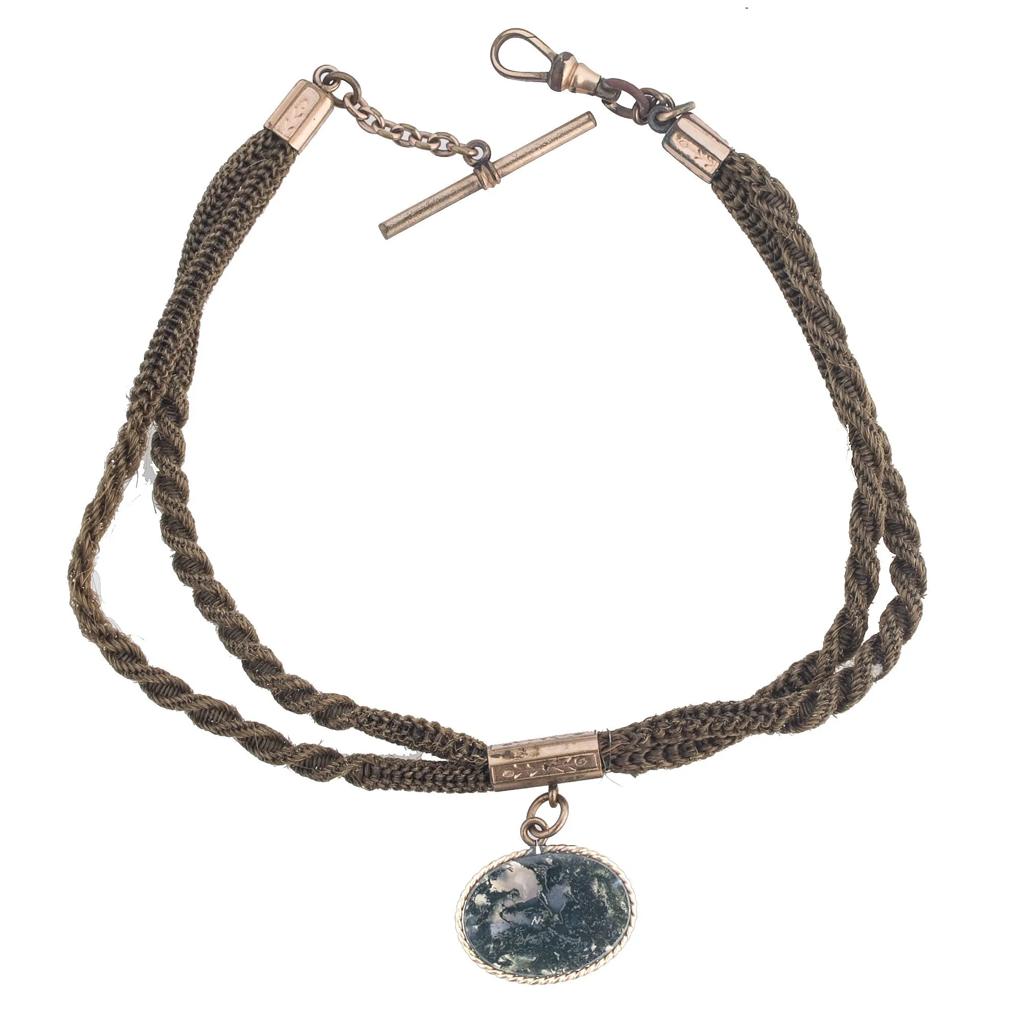 Antique Victorian Watch Chain, woven brown hair with a green moss agate fob. j-fbvc141