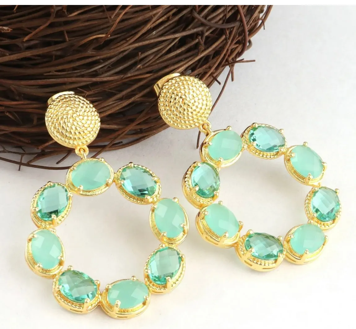 Aqua Chalcedony Gemstone Gold Twisted Statement Earrings 2”