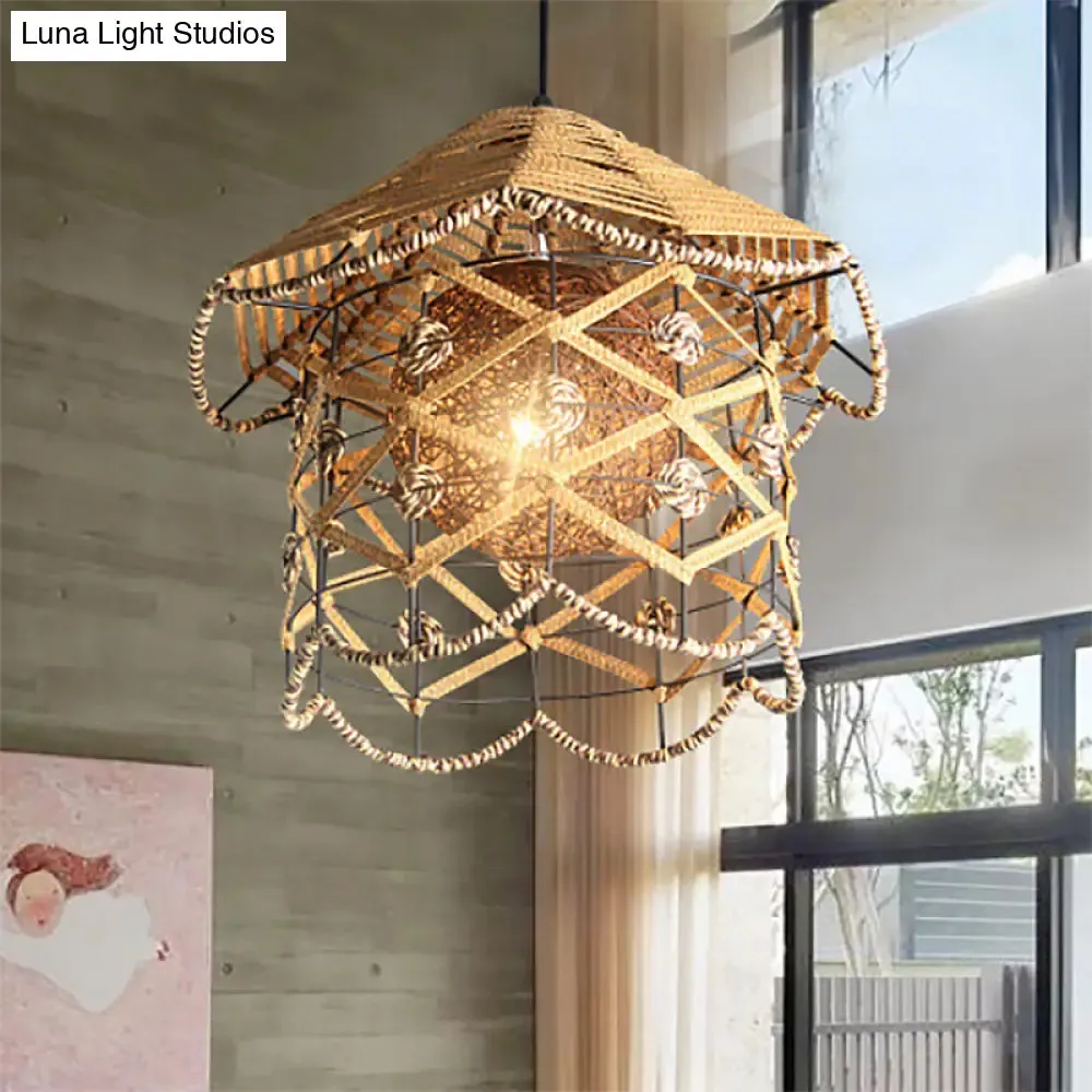 Asian Style Beige Pendant Light with Metal & Rope for Cottage