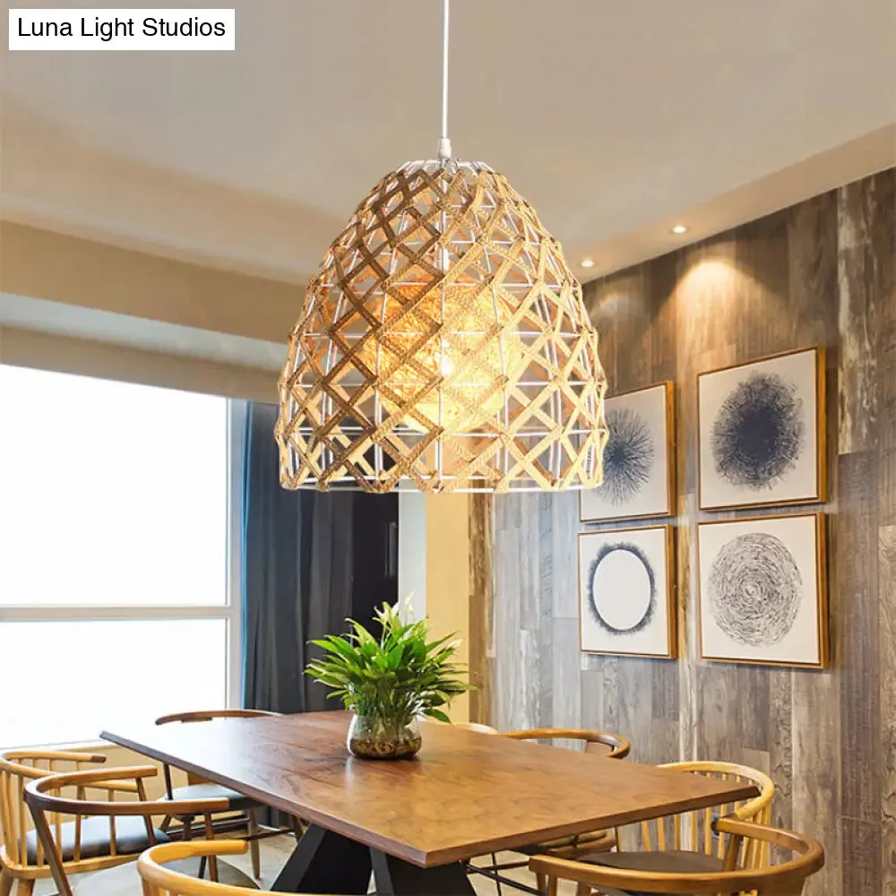 Asian Style Beige Pendant Light with Metal & Rope for Cottage